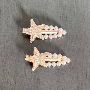 Gold Star White Pearl Allover Rhinestone Alligator Clip 2.5" Barrette Pair Set